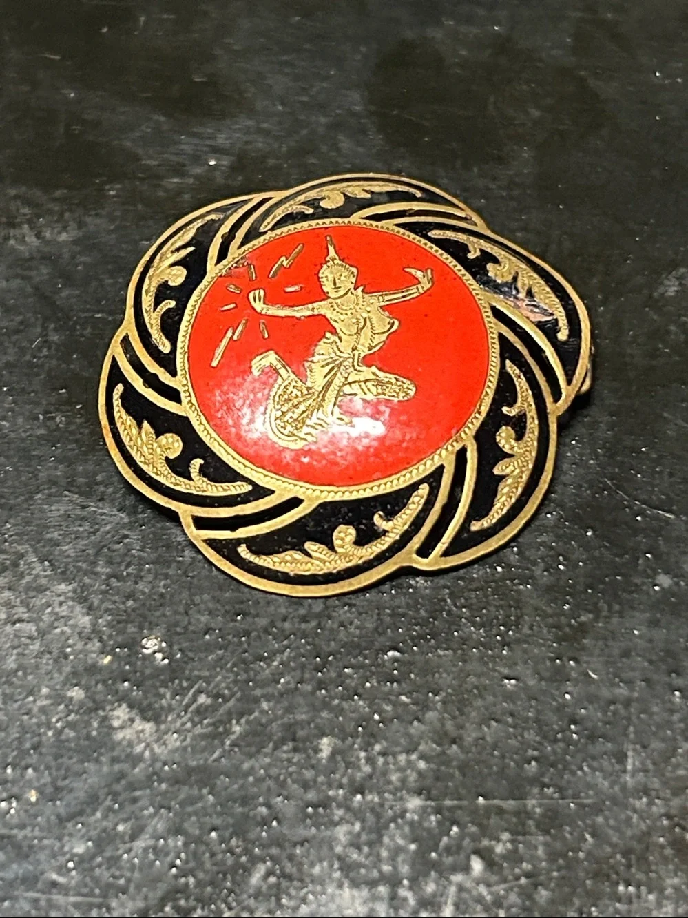 Gold-Tone Red Enamel Lotus Pin Brooch